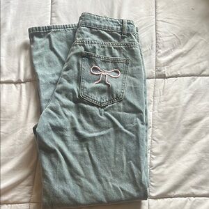 High Rise Jeans with Pink Bow Detail